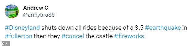 Twitter user Andrew said the castle's iconic fireworks display was canceled due to the earthquake