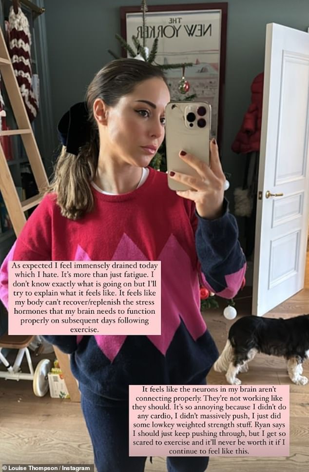 On Tuesday, Louise shared a mirror selfie in which she admitted she gets 'so scared of exercising' because she 'feels extremely exhausted'