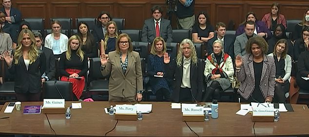 (From left) Riley Gaines, Sarah Parshall Perry, Kim Russell and Fatima Goss Graves are sworn in