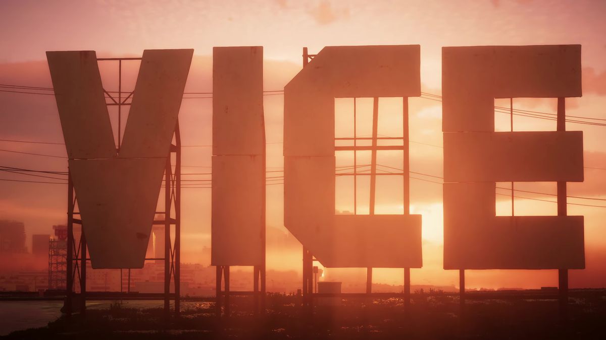 The sun sets behind a sign that reads “Vice” in a screenshot from Grand Theft Auto 6