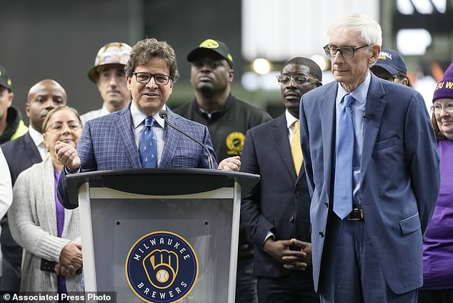 Milwaukee Brewers owner Mark Attanasio, L, and Wisconsin Governor Tony Evers, R on Tuesday