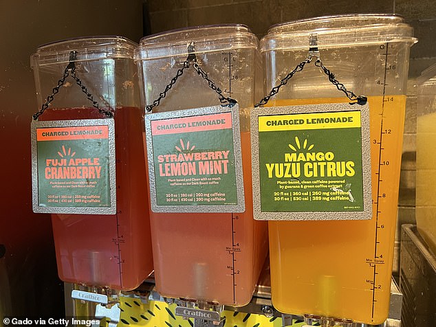 A regular size Charged Lemonade, which is 20 ounces, contains 260 milligrams of caffeine.  The large, which comes in a 30-ounce cup, has 390 milligrams