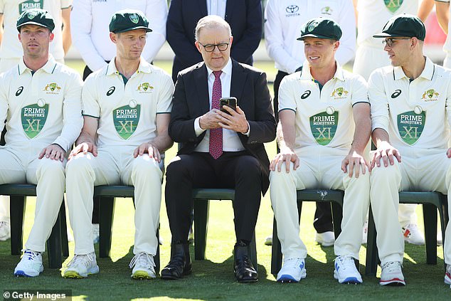 The slur was aired during Pakistan's match against the Prime Minister's XI team on Wednesday (Photo, Anthony Albanese with team members before the game started)