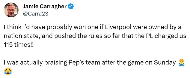 The former Liverpool star took to social media to joke about the manager's comments