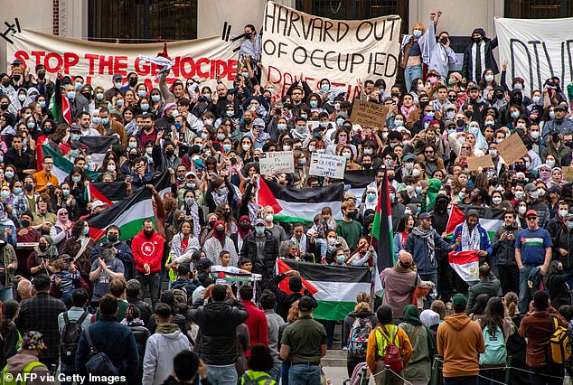 Palestinian supporters gathered at Harvard University on October 14 to show their support for Gaza and their hatred of Israel at a rally in Cambridge, Massachusetts.