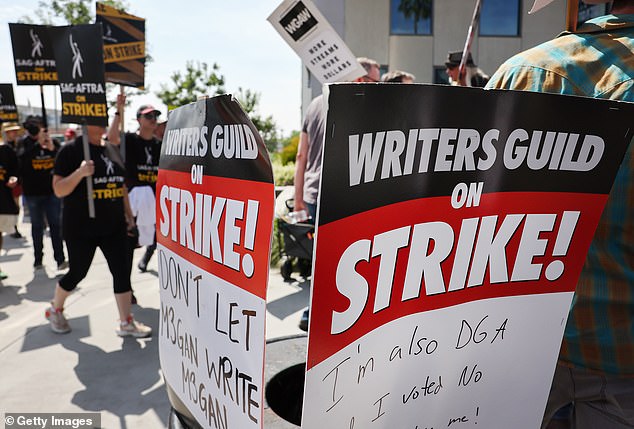 Notable WGA (Writers Guild of America) members pick up with notable SAG-AFTRA members outside Netflix studios on September 22, 2023 in Los Angeles, California