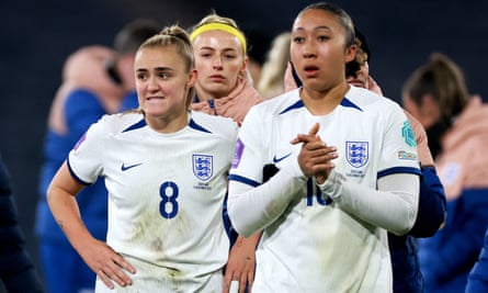 Georgia Stanway (left), Chloe Kelly (centre) and Lauren James (right) look defeated after England's win against Scotland in the UEFA Women's Nations League match at Hampden Park