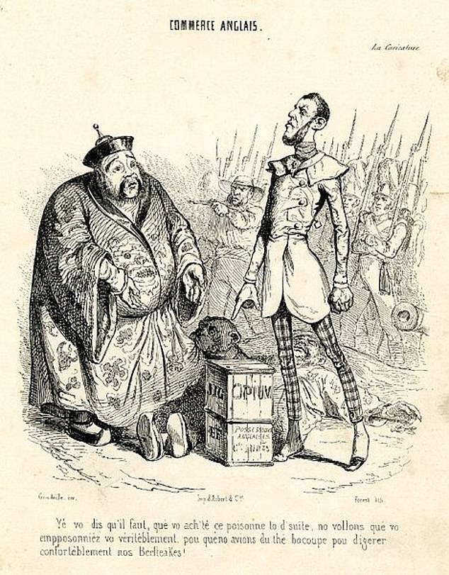 The East India Company sold opium to the Chinese in exchange for money with which they bought tea.  Above: A critical French cartoon of British traders selling opium in China