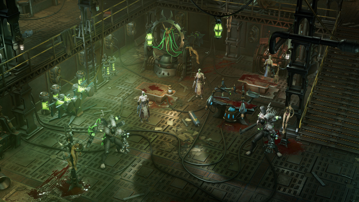 A nefarious space for scientific experiments, with stretchers and green lighting, in the world of Warhammer 40,000: Rogue Trader