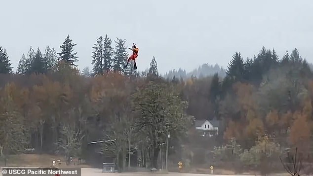 A first responder wearing fins and diving gear is gradually lowered from the helicopter.  He battles strong gusts of wind that send water spraying in all directions to reach the terrified motorist