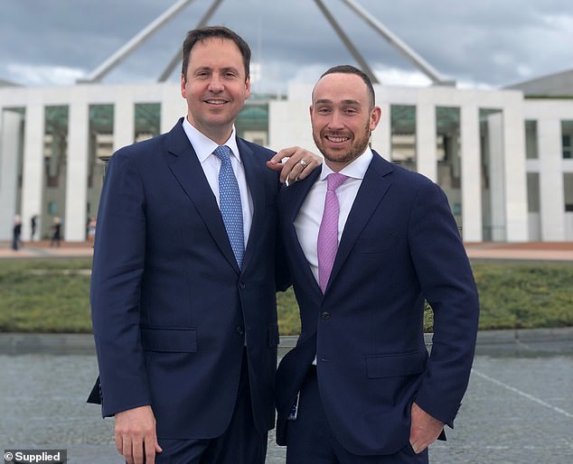 Former Gold Coast journalist Ben Dillaway (right) was a longtime media adviser to Queensland Liberal MP Steve Ciobo (left) when he first met Ms Higgins in late 2018.