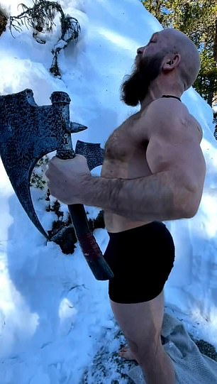 He also backed up his Viking tag with a smaller – but still scarily high – jump into a snow-ringed pool while holding two hand axes.