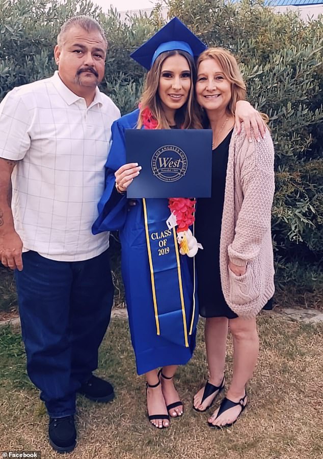 A photo of Munoz with her parents celebrating a graduation milestone in happier times