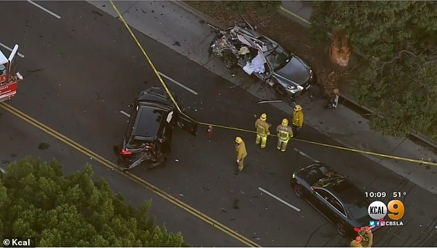 The scene where the crash occurred in West Los Angeles in February 2021