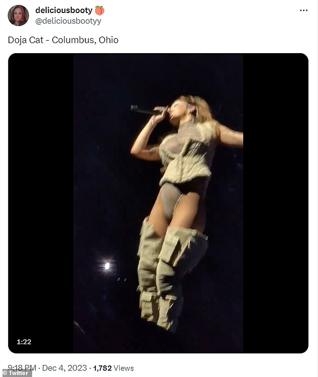 Doja Cat, 28, continues to prove she's a real risk taker when it comes to fashion, wearing a very daring nude-inspired outfit on Tuesday while on stage in Columbus for her Scarlet Tour