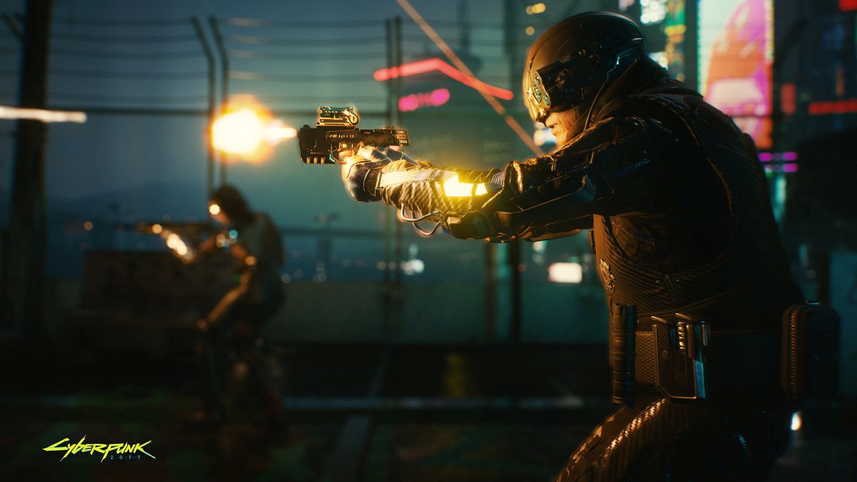 A member of Max Tactical Response aims and fires in Cyberpunk 2077.