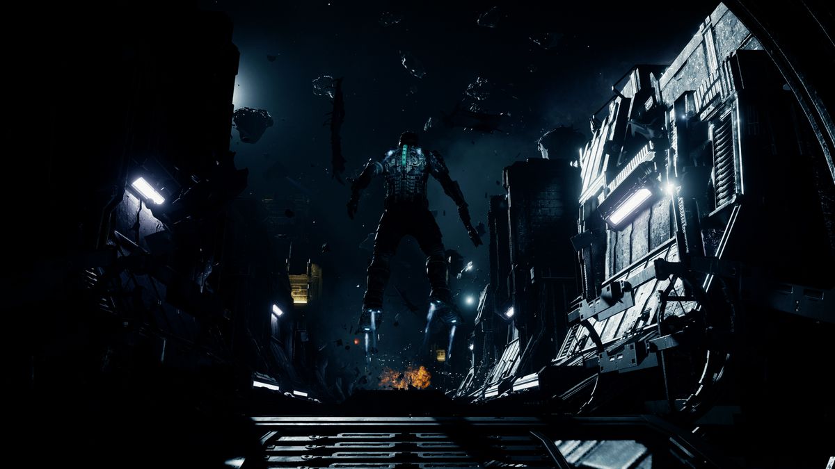 Isaac Clarke hovers above the exterior of the USG Ishimura and looks at an asteroid field in a screenshot from the 2023 remake of Dead Space