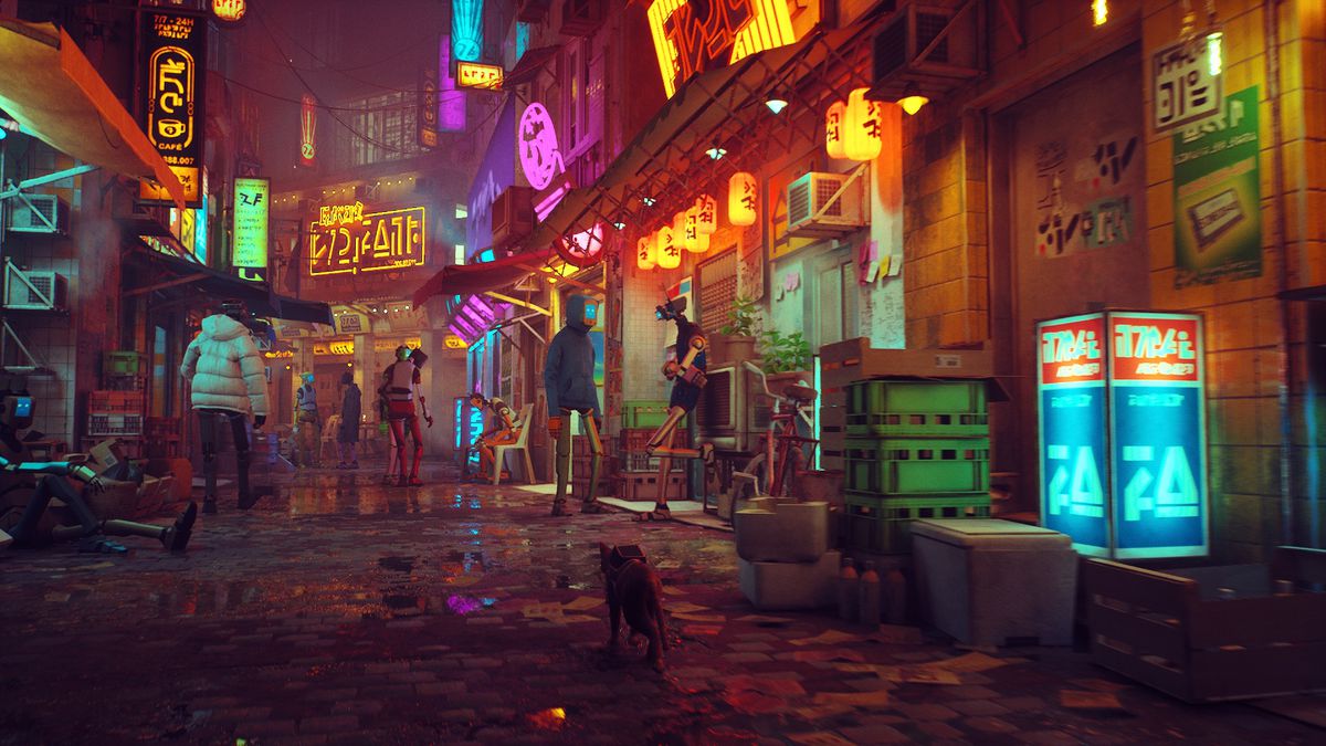 A cat walks through the wet, neon-lit streets of a walled cybercity in Stray.