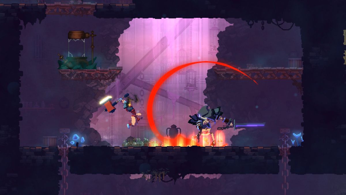 The main character of Dead Cells jumps across the screen with a hammer