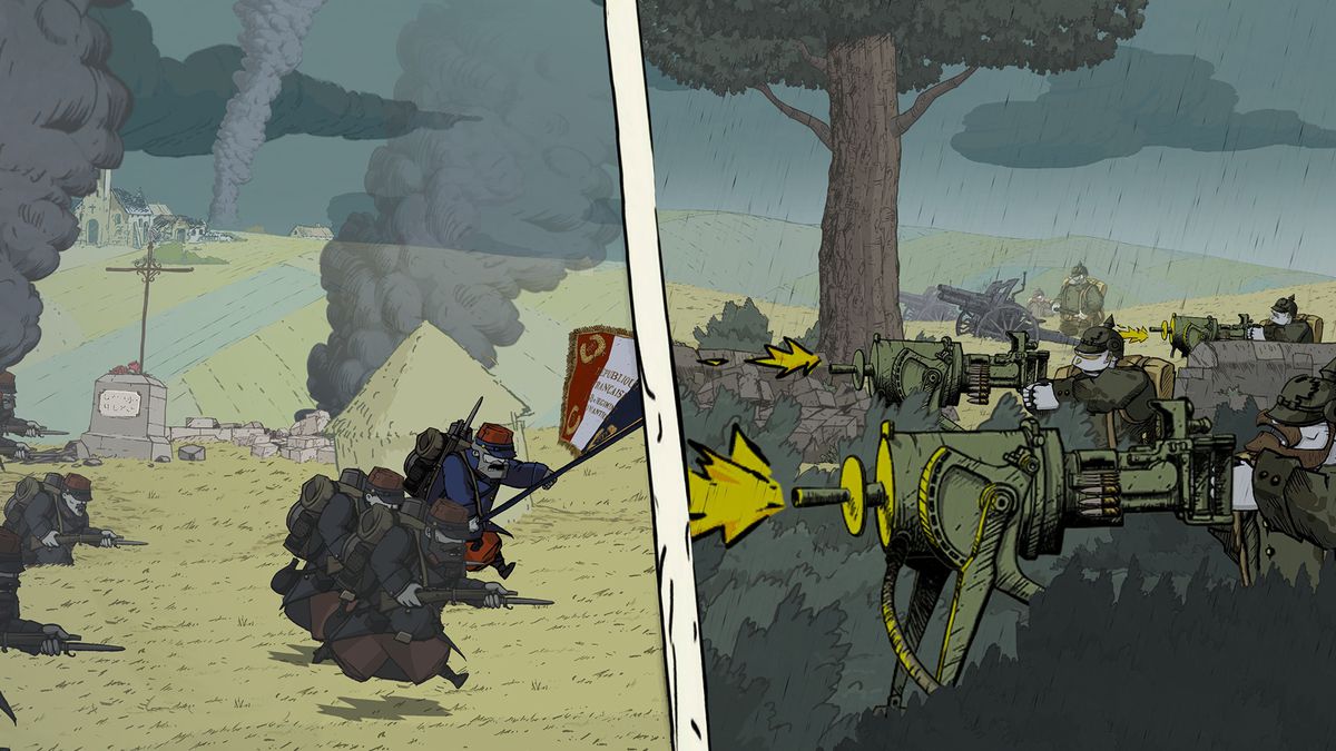 Images of soldiers in WW1, created in a hand-drawn style, as part of the gameplay for Valiant Hearts