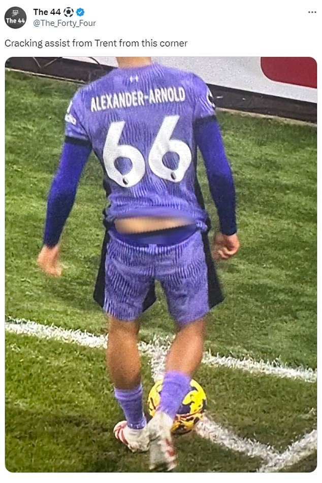 But fans poked fun at the Liverpool star online after noticing his shorts were hanging off the corner, mocking the defender by saying: 'cracking assist'