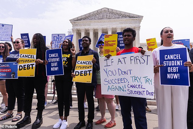 Protesters holding signs advocating for student debt cancellation stand in front of the United States Supreme Court on Friday, June 30, 2023, in Washington DC