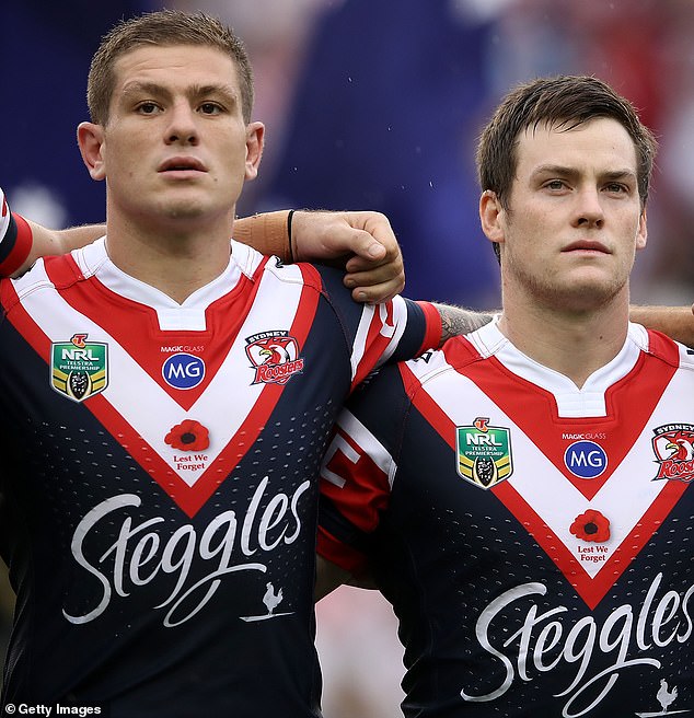 Carter joined the Roosters in 2017, where he played in the Anzac Day clash against the Dragons (pictured, left, alongside star Luke Keary)