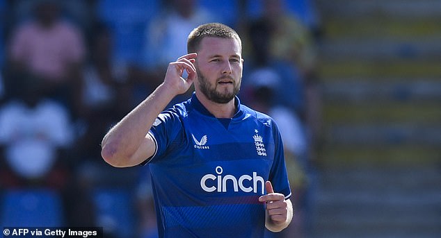 England's Gus Atkinson celebrates after taking the wicket of Wet Indies' Alick Athanaze