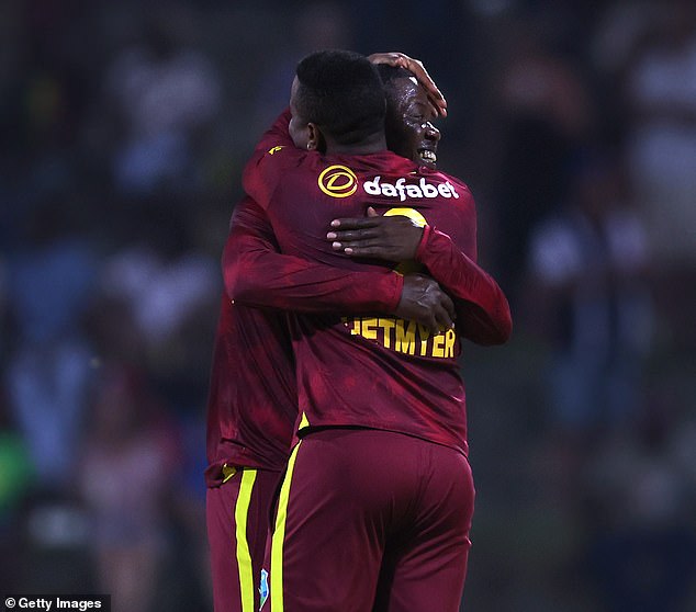 Sherfane Rutherford celebrates with Shimron Hetmyer after taking Jacks' wicket