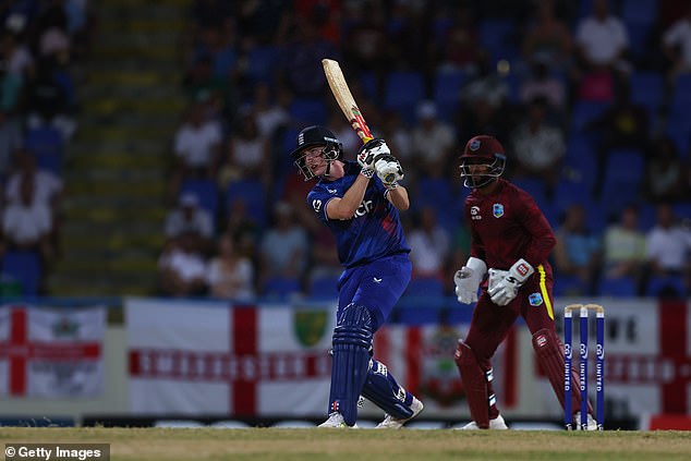 Harry Brook hits a six during England's win against the West Indies in Antigua