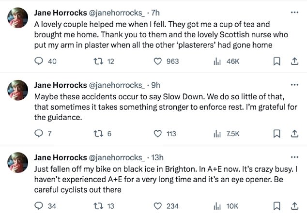 The 59-year-old star took to social media to share the scary news with her fans that she was injured after hitting a patch of black ice while cycling in Brighton.