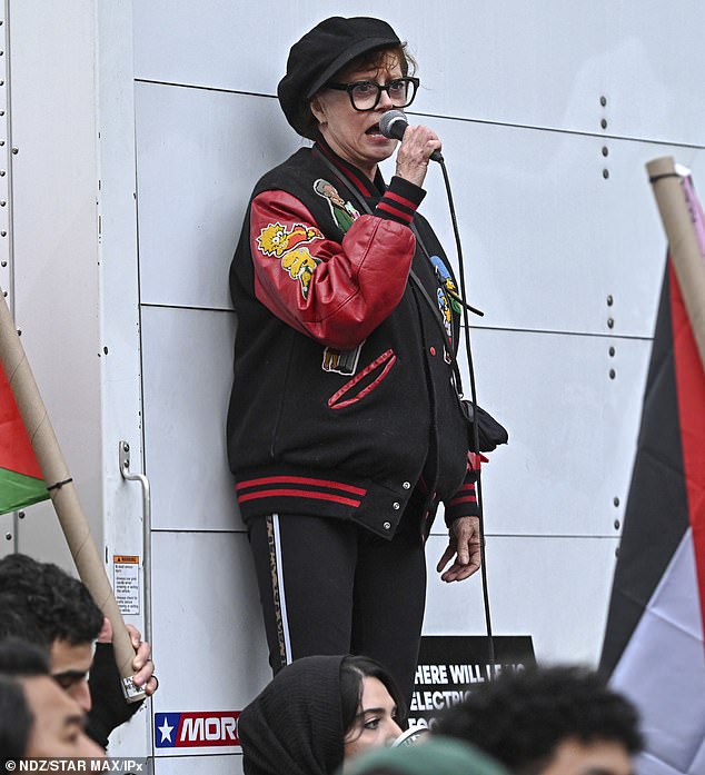 Susan Sarandon during her anti-Jewish tirade at a pro-Palestinian rally in New York City