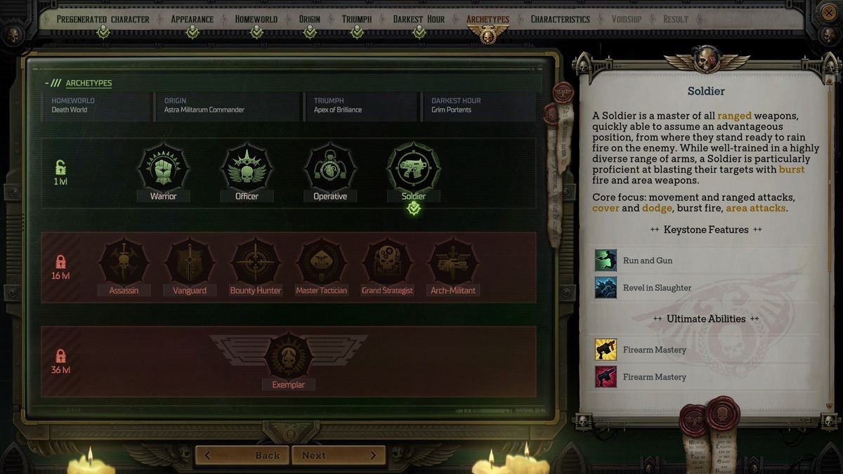 A menu shows the level 2 archetypes available in Warhammer 40K Rogue Trader.