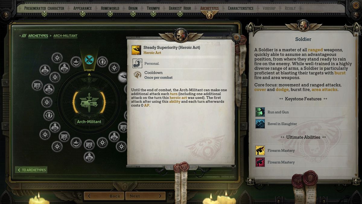 A menu shows the level 2 archetypes available in Warhammer 40K Rogue Trader.