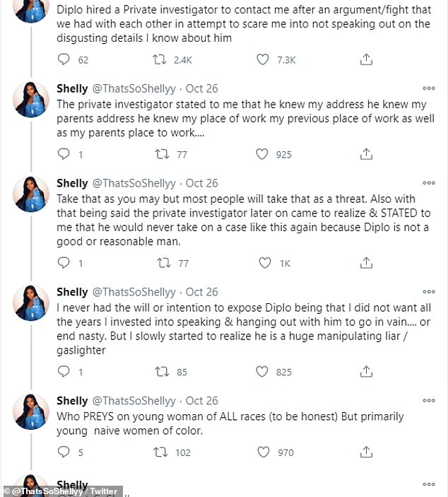 The thread Shelly posted about Diplo on October 26, 2020 is shown in full above