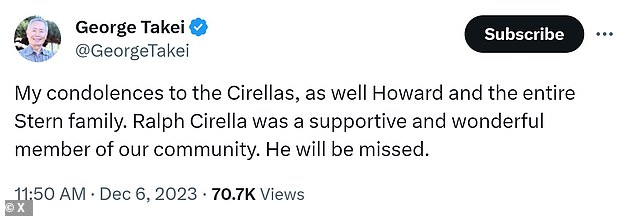 Star Trek icon George Takei posted a memorial for Cirella, saying 'he will be missed'