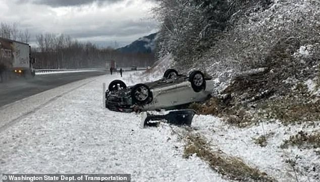 Snow has made conditions difficult in parts of Oregon and Washington as an atmospheric river storms the area