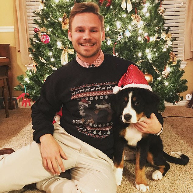 Evan White, from Dallas and the eldest of three children, was diagnosed with stage three colon cancer at the age of 24 after going to the hospital to have an abscess removed from his tonsils.  He is pictured above at Christmas with his then puppy, a Bernese Mountain Dog named Lola