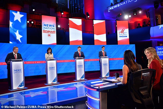 At least two campaigns have asked Santorum for advice, but he would not reveal which ones.  (From left) former New Jersey Governor Chris Christie, former UN Ambassador.  Nikki Haley, Florida Governor Ron DeSantis and entrepreneur Vivek Ramaswamy during the fourth debate