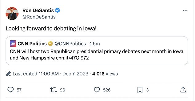 Florida Gov. Ron DeSantis, one of four Republican presidential hopefuls set to take the stage Wednesday, immediately responded to X that he was 