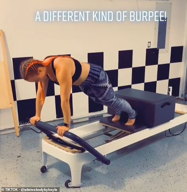 Pilates burpees can also be done on a reformer, a machine that looks like a bed frame and has a platform on wheels that rolls up and down as you move on it