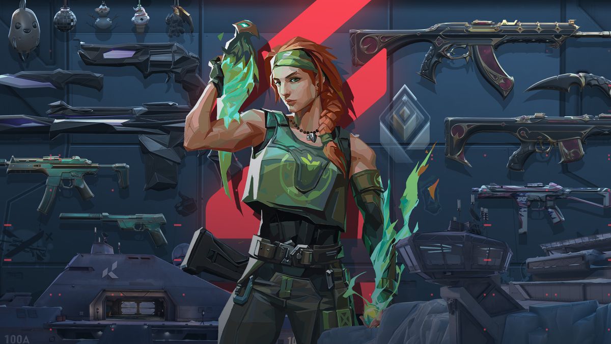 artwork of Valorant of Skye, a red-haired, muscular woman standing in front of a wall of weapons