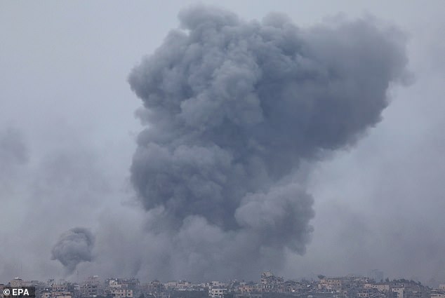 Smoke rises after an Israeli airstrike on Gaza as the IDF continues its offensive in southern Gaza