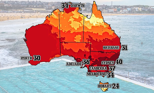 A brutal heatwave will spread across Australia this weekend as half the country braces for persistent temperatures with little relief (pictured, maximum temperatures this weekend)