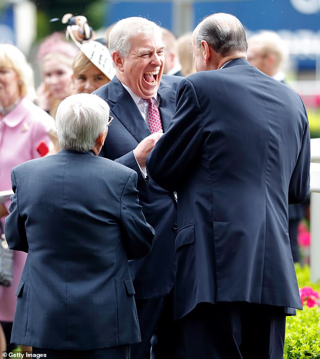 Prince Andrew, Duke of York, centre, jokes with Willie Carson (left) and Sir Nicholas Soames before the King George Weekend at Ascot on July 27, 2019