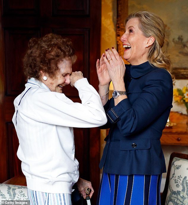 Sophie, Duchess of Edinburgh, appears to be crying and laughing as she met Edna Farley in person on her 90th birthday.  the Duchess had been in regular telephone contact with Edna during the pandemic since she made contact through the Royal Voluntary Service Check In and Chat program