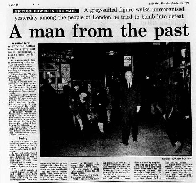 The Daily Mail's report on Speer's visit to London in 1973. He was initially held at Heathrow Airport for eight hours