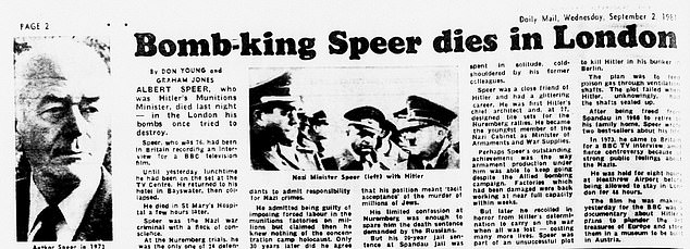 The Daily Mail's report on Speer's death, in September 1981. He was in Britain filming a documentary with the BBC