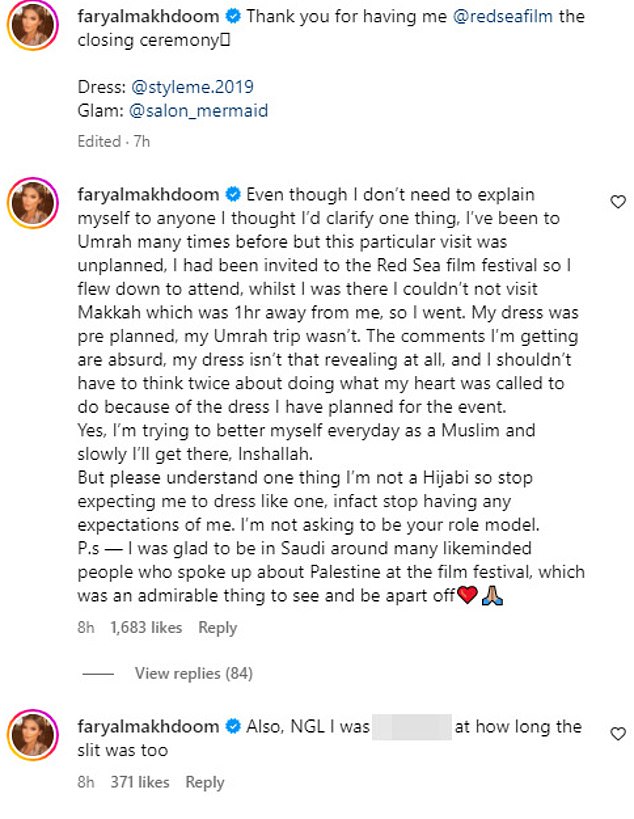 Faryal quickly hit back at the trolls, as she pointed out that she doesn't normally wear the hijab and that she didn't expect the slit of her dress to be so long.