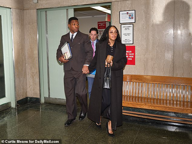 Jonathan Majors and his new girlfriend Meagan Goode appear in court.  Majors has pleaded not guilty to the assault charges